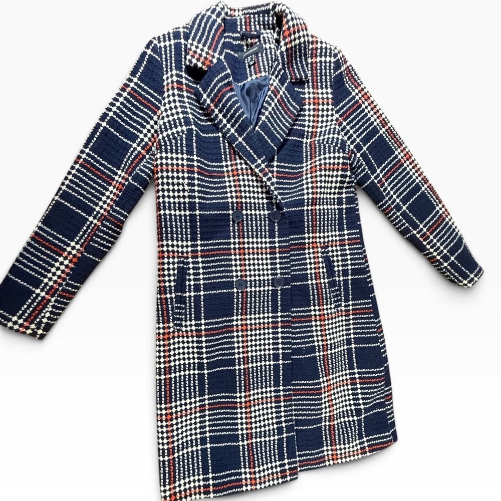 NEW! Atmosphere Womens Navy Blue Orange Plaid Double Breasted Overcoat SZ 6
